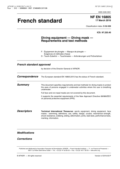 NF S52-359-2016 Diving equipment - diving mask - Requirements and test methods