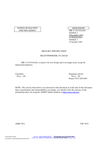 NAVY MIL-T-22143A NOTICE 2-2015 Teletypewriter,Tt-264/Ag