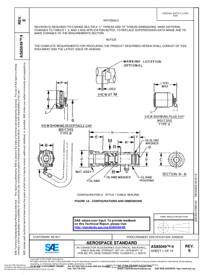 SAE AS85049/4E-2019 (R) CONNECTOR ACCESSORIES, ELECTRICAL, BACKSHELL, CABLE SEALING, STRAIGHT, SET-UP, CATEGORY 1A (FOR MIL-DTL-22992 CONNECTORS, CLASSES C, J, AND R)