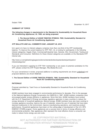 UL 7006 BULLETIN/2-2017 Ul Standard For Sustainability For Household Room Air Conditioning Appliances (Comments Due: January 29, 2018)