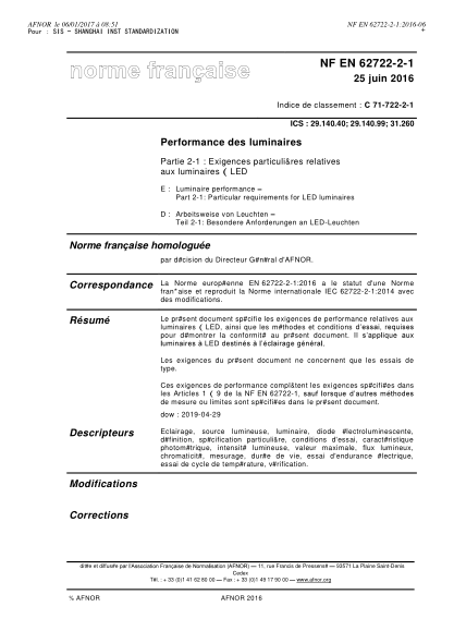 NF C71-722-2-1-2016 Luminaire performance - Part 2-1 - particular requirements for LED luminaires