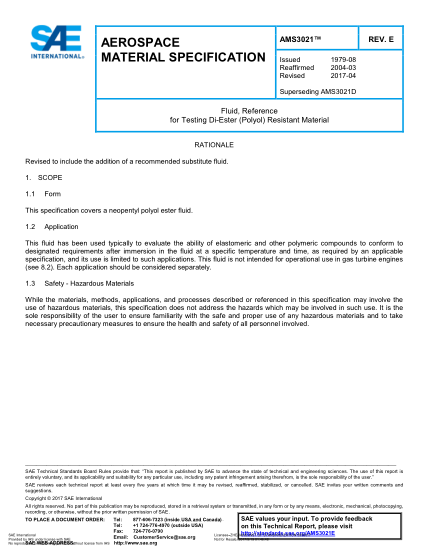 SAE AMS3021E-2017 Fluid, Reference For Testing Di-Ester (Polyol) Resistant Material