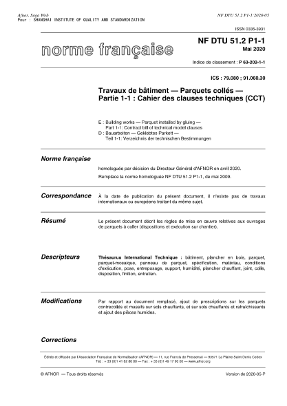 NF P63-202-1-1-2020 Building works - Parquet installed by gluing - Part 1-1 : contract bill of technical model clauses
