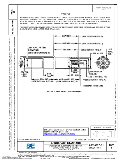 SAE AS39029/91B-2017 (R) Contact, Electrical Connector, Concentric Twinax, Socket, Shielded, Size 8