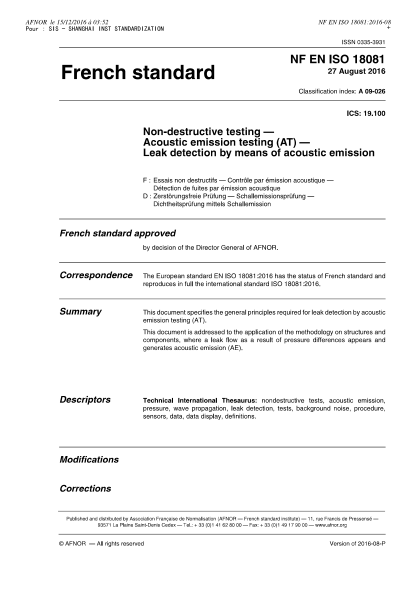 NF EN ISO 18081-2016 Non-destructive testing - Acoustic emission testing (AT) - Leak detection by means of acoustic emission
