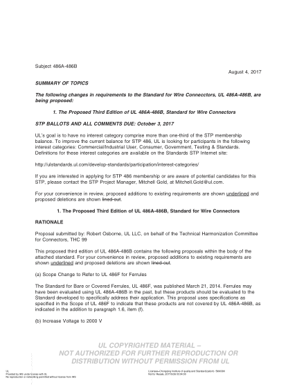 UL 486A-486B BULLETIN/2-2017 UL Standard for Safety Wire Connectors (COMMENTS DUE: October 3, 2017)