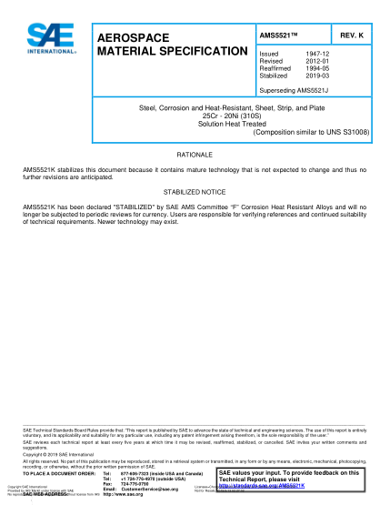 SAE AMS5521K-2019 Steel, Corrosion And Heat-Resistant, Sheet, Strip, And Plate 25Cr - 20Ni (310S) Solution Heat Treated (Uns S31008)