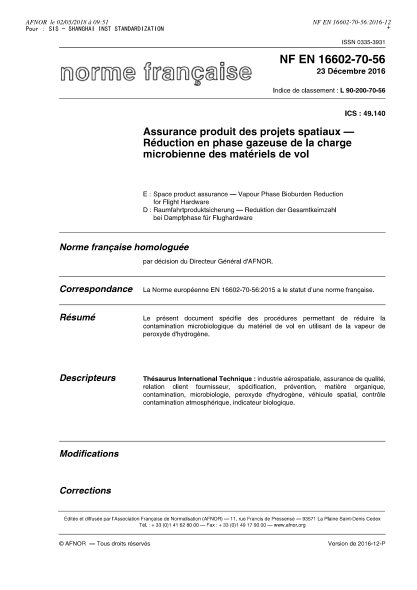NF L90-200-70-56-2016 Space product assurance - Vapour phase bioburden reduction for flight hardware