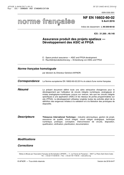 NF EN 16602-60-02-2016 Space product assurance - ASIC and FPGA development
