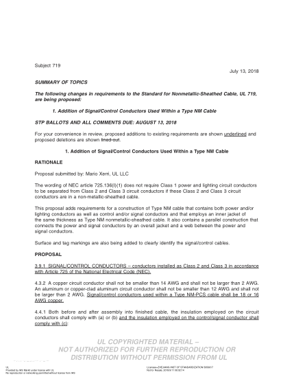 UL 719 BULLETIN/2-2018 UL Standard For Safety Nonmetallic-Sheathed Cables (Comments Due: August 13, 2018)