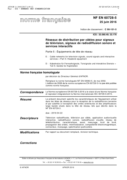 NF EN 60728-5-2016 Cable networks for television signals, sound signals and interactive services - Part 5 - headend equipment