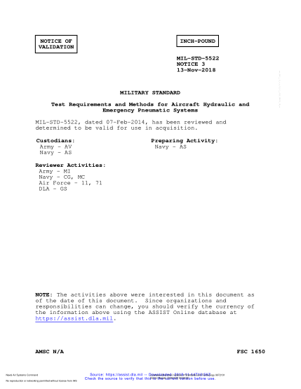 NAVY MIL-STD-5522 VALID NOTICE 3-2018 Test Requirements And Methods For Aircraft Hydraulic And Emergency Pneumatic Systems