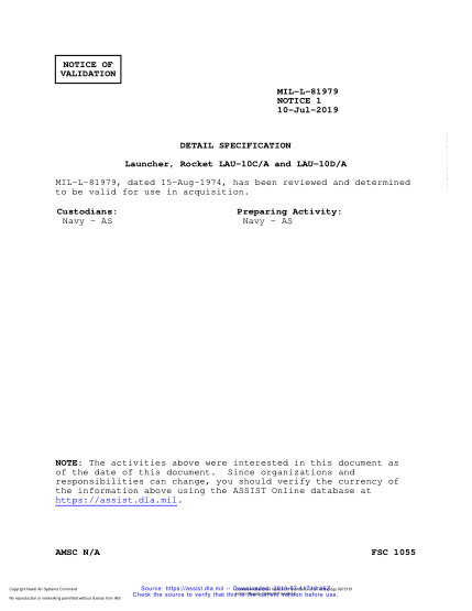 NAVY MIL-L-81979 VALID NOTICE 1-2019 Launcher, Rocket Lau-10C/A And Lau-10D/A