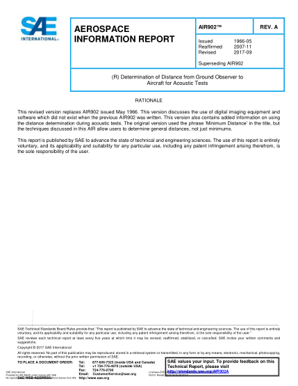 SAE AIR902A-2017 (R) Determination Of Distance From Ground Observer To Aircraft For Acoustic Tests