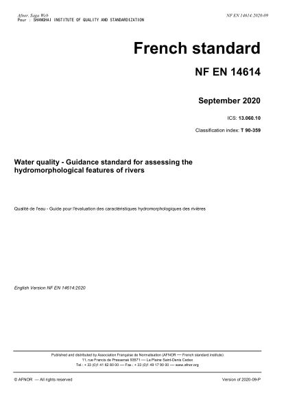 NF EN 14614-2020 Water quality - Guidance standard for assessing the hydromorphological features of rivers