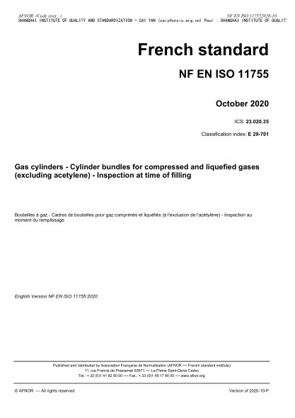 NF E29-701-2020 Gas cylinders - Cylinder bundles for compressed and liquefied gases (excluding acetylene) - Inspection at time of filling