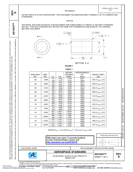 SAE AS14237B-2018 (R) Bushing, Sleeve Plain, Press Fit, Ream Type