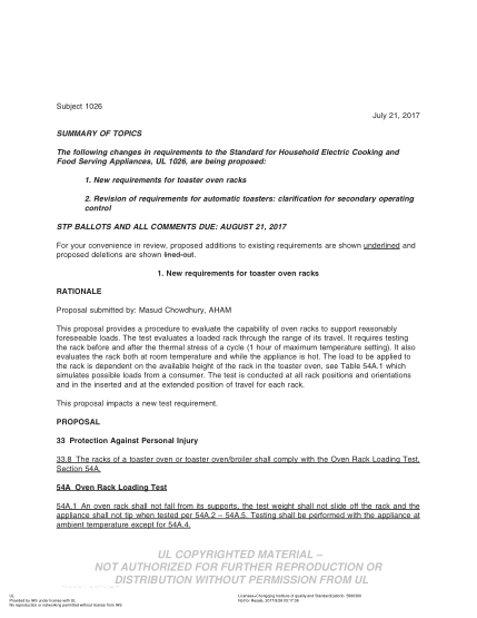 UL 1026 BULLETIN/2-2017 UL Standard for Safety Electric Household Cooking and Food Serving Appliances (COMMENTS DUE: AUGUST 21, 2017)