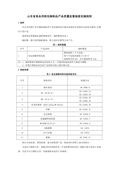 山東省食品用紙包裝制品產(chǎn)品質(zhì)量監督抽查實(shí)施細則(2022年版)