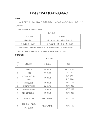 山東省泳衣產(chǎn)品質(zhì)量監督抽查實(shí)施細則(2020年版)
