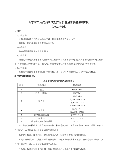 山東省車(chē)用汽油清凈劑產(chǎn)品質(zhì)量監督抽查實(shí)施細則(2023年)