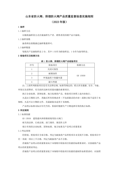 山東省防火閥、排煙防火閥產(chǎn)品質(zhì)量監督抽查實(shí)施細則（2023年版）