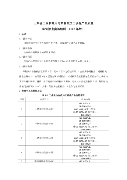 山東省工業(yè)和商用電熱食品加工設備產(chǎn)品質(zhì)量監督抽查實(shí)施細則(2023年版)