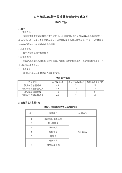 山東省制動(dòng)軟管產(chǎn)品質(zhì)量監督抽查實(shí)施細則(2023年版)