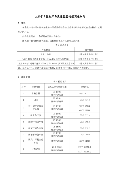 山東省T恤衫產(chǎn)品質(zhì)量監督抽查實(shí)施細則(2020年版)